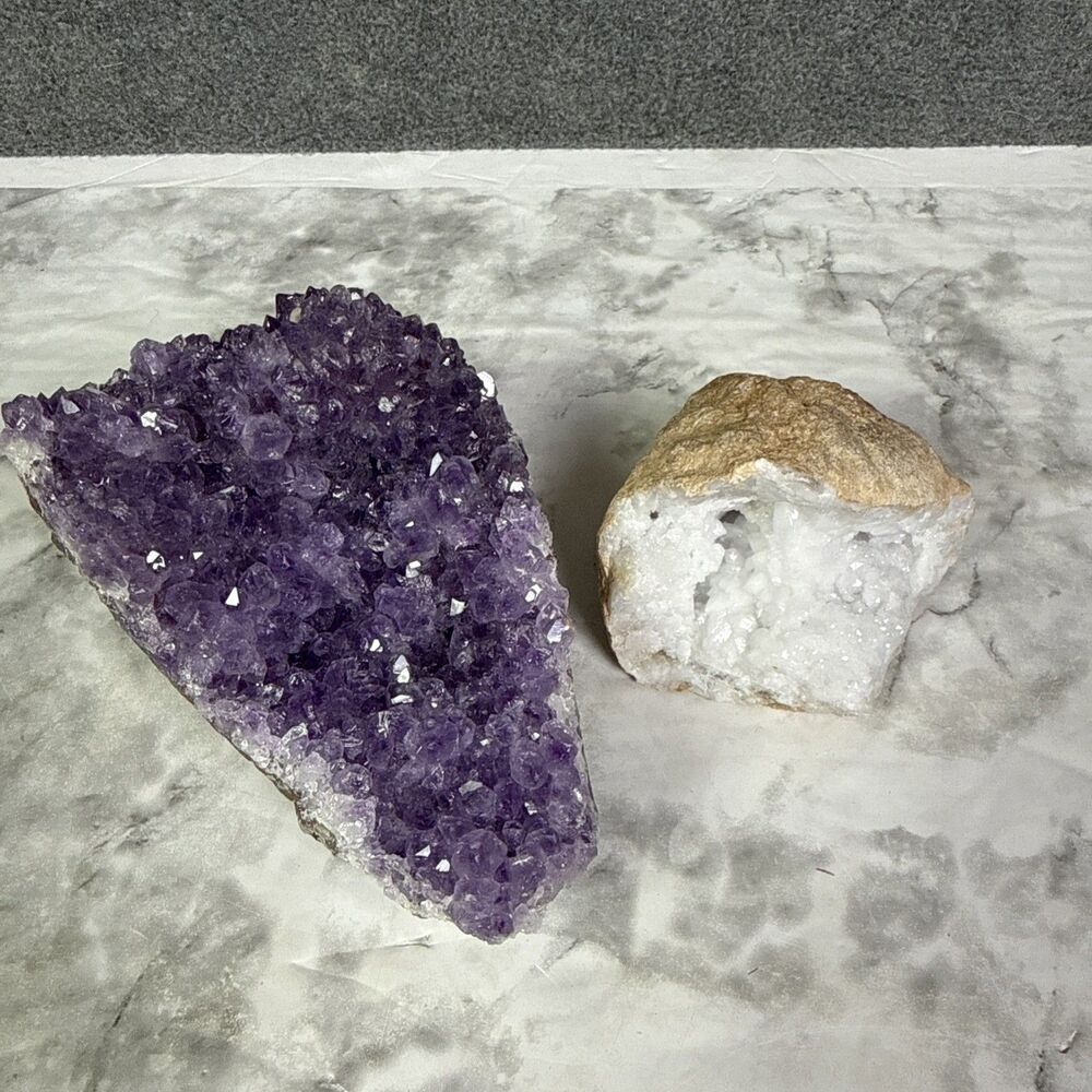 AMETHYST & WHITE QUARTZ CRYSTAL GEMSTONE NATURAL GEODE Lot  1.8 Lbs #6